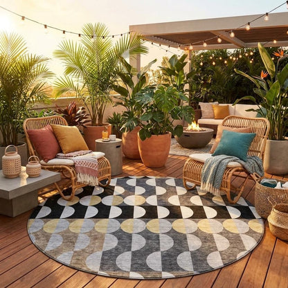 8' Black And Silver Round Geometric Washable Indoor Outdoor Area Rug HomeRoots