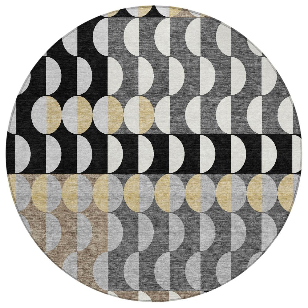 8' Black And Silver Round Geometric Washable Indoor Outdoor Area Rug HomeRoots