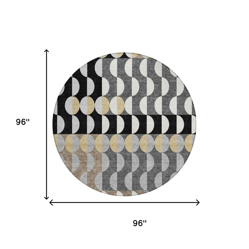 8' Black And Silver Round Geometric Washable Indoor Outdoor Area Rug HomeRoots