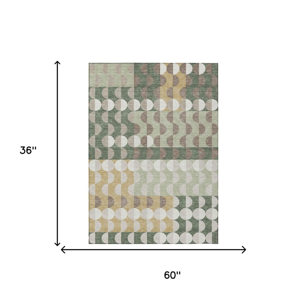 3' X 5' Green And Ivory Geometric Washable Indoor Outdoor Area Rug HomeRoots