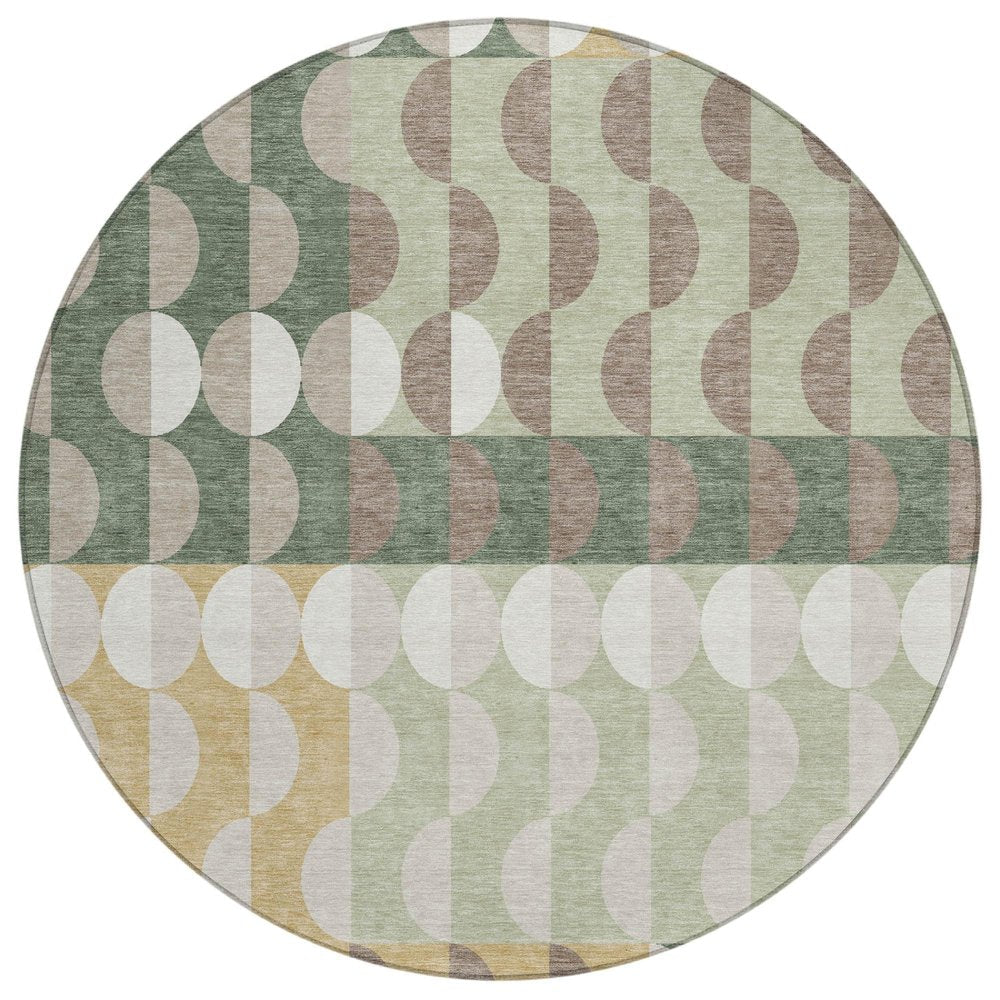 8' Green And Ivory Round Geometric Washable Indoor Outdoor Area Rug HomeRoots