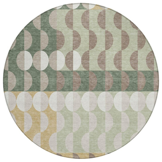 8' Green And Ivory Round Geometric Washable Indoor Outdoor Area Rug