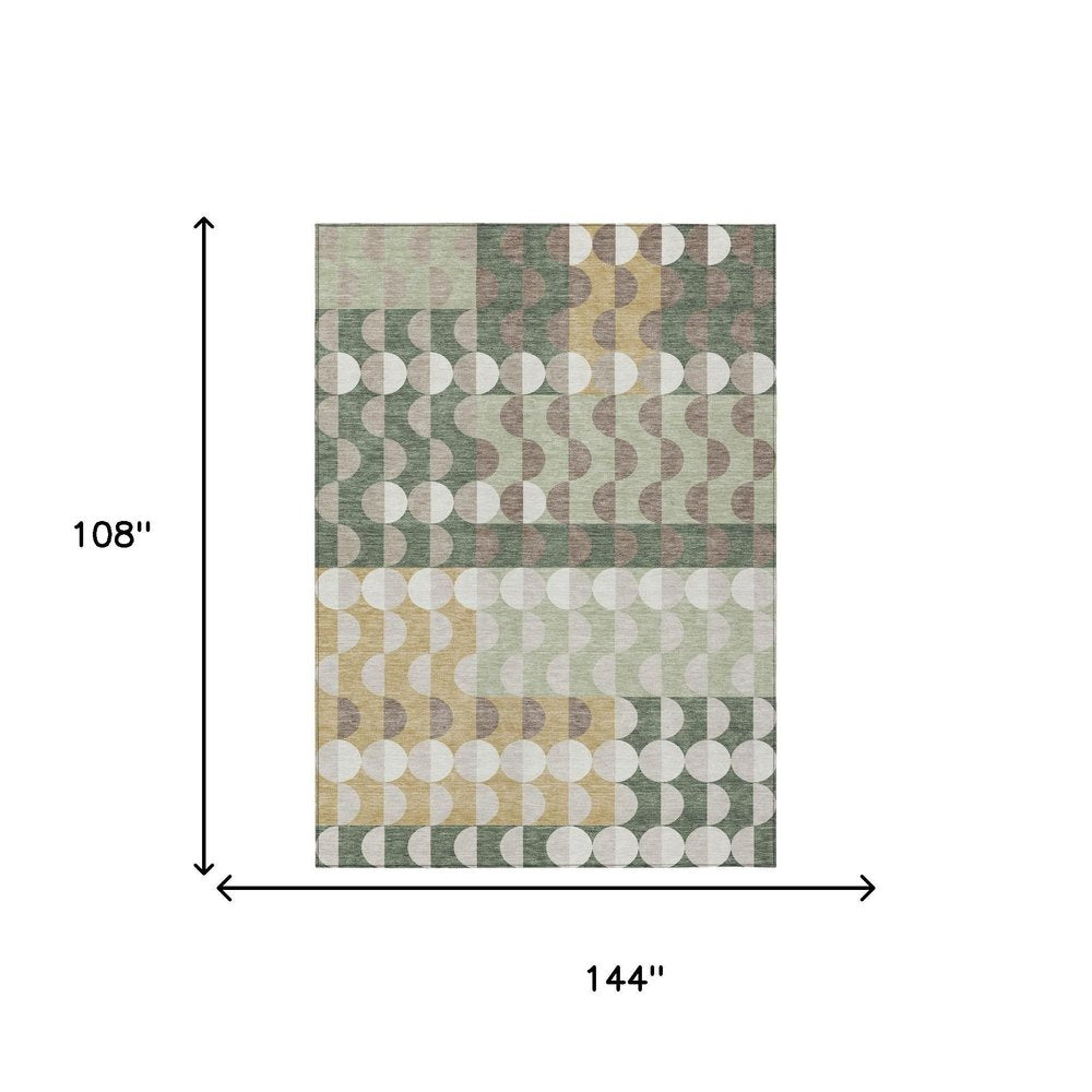 9' X 12' Green And Ivory Geometric Washable Indoor Outdoor Area Rug HomeRoots