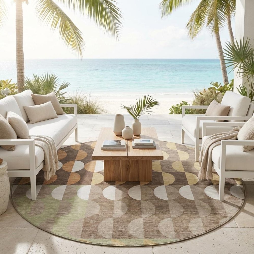 8' Coffee And Brown Round Geometric Washable Indoor Outdoor Area Rug HomeRoots