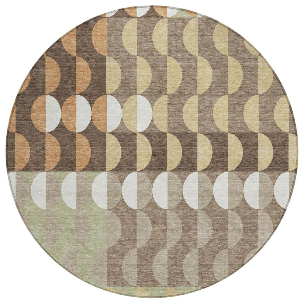 8' Coffee And Brown Round Geometric Washable Indoor Outdoor Area Rug HomeRoots