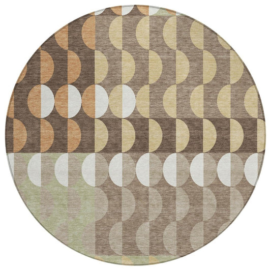 8' Coffee And Brown Round Geometric Washable Indoor Outdoor Area Rug HomeRoots