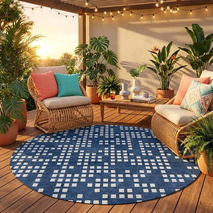 8' Navy Blue And Blue Round Abstract Washable Indoor Outdoor Area Rug HomeRoots
