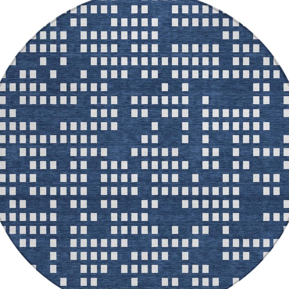 8' Navy Blue And Blue Round Abstract Washable Indoor Outdoor Area Rug