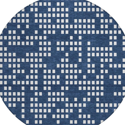 8' Navy Blue And Blue Round Abstract Washable Indoor Outdoor Area Rug