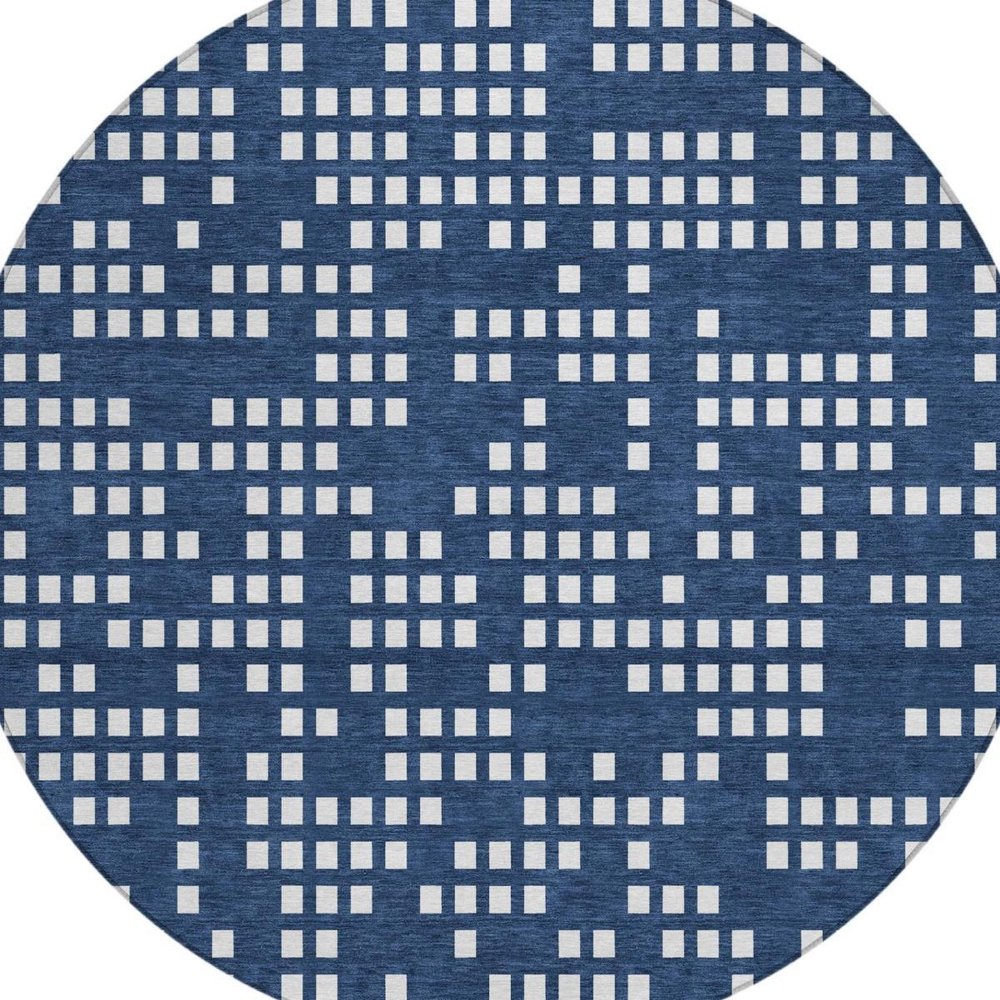 8' Navy Blue And Blue Round Abstract Washable Indoor Outdoor Area Rug