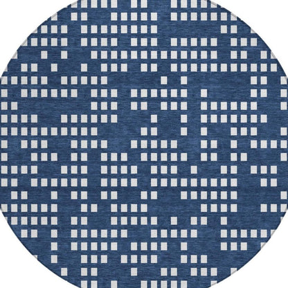 8' Navy Blue And Blue Round Abstract Washable Indoor Outdoor Area Rug