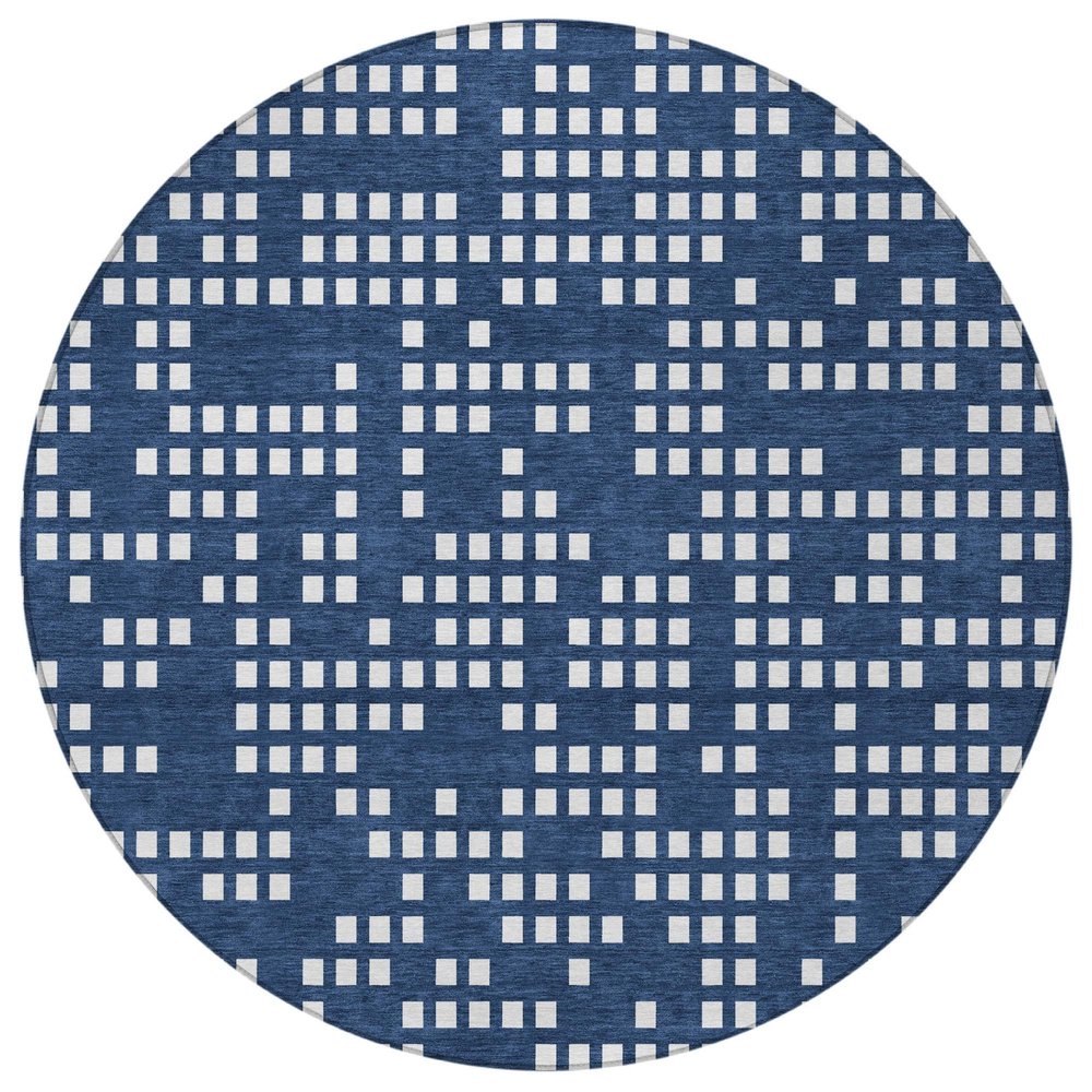 8' Navy Blue And Blue Round Abstract Washable Indoor Outdoor Area Rug