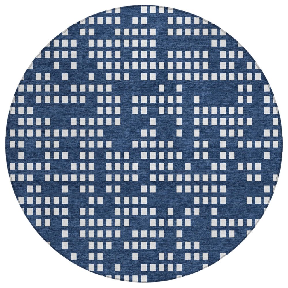 8' Navy Blue And Blue Round Abstract Washable Indoor Outdoor Area Rug — view 1
