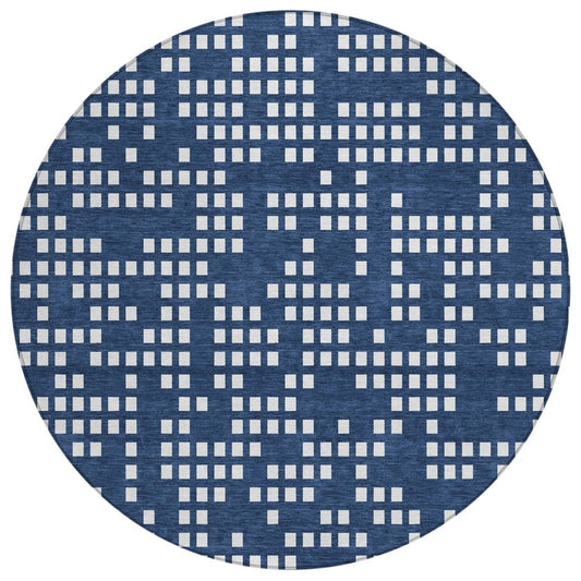 8' Navy Blue And Blue Round Abstract Washable Indoor Outdoor Area Rug