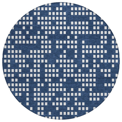8' Navy Blue And Blue Round Abstract Washable Indoor Outdoor Area Rug
