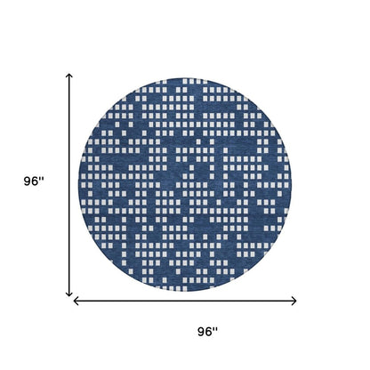 8' Navy Blue And Blue Round Abstract Washable Indoor Outdoor Area Rug
