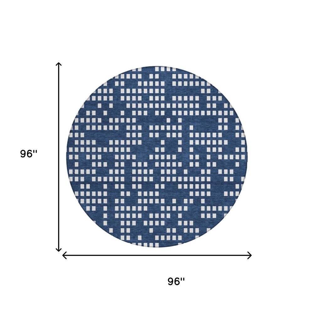 8' Navy Blue And Blue Round Abstract Washable Indoor Outdoor Area Rug HomeRoots