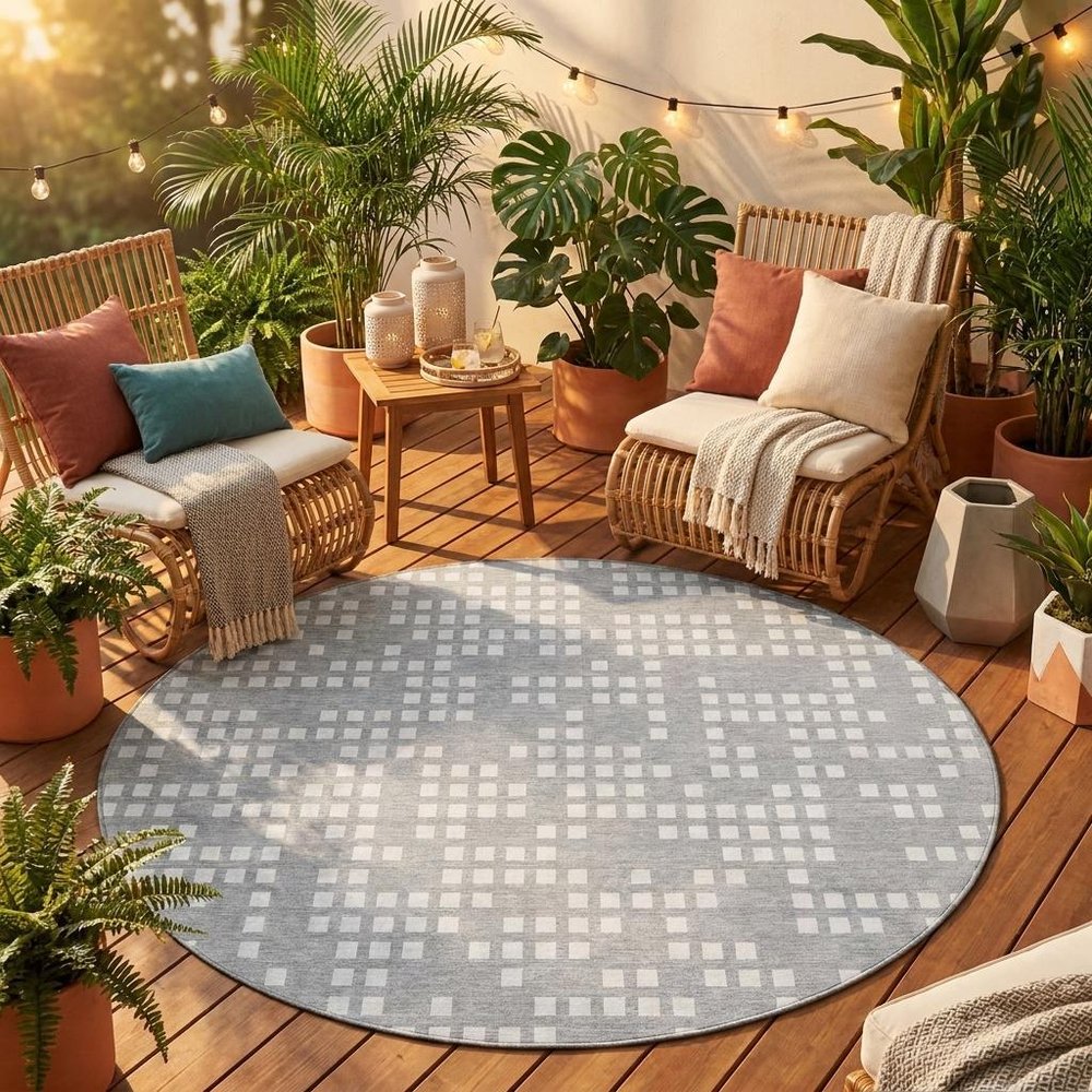 8' Pewter And Gray Round Abstract Washable Indoor Outdoor Area Rug — view 5
