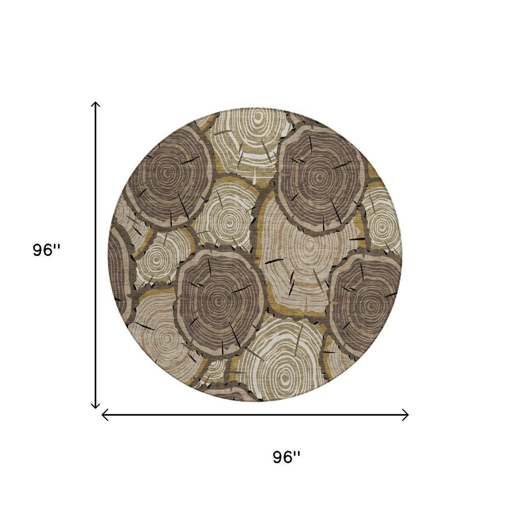 8' Brown And Chocolate Round Faux Bois Washable Indoor Outdoor Area Rug — view 4