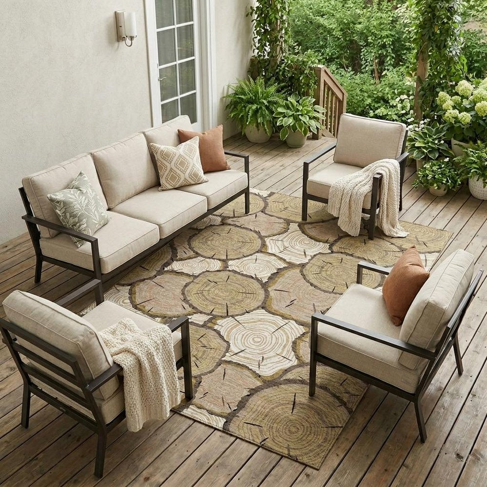 9' X 12' Gold And Beige Faux Bois Washable Indoor Outdoor Area Rug — view 5