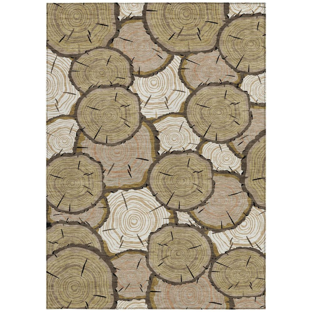10' X 14' Gold And Beige Faux Bois Washable Indoor Outdoor Area Rug