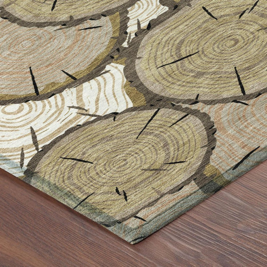 10' X 14' Gold And Beige Faux Bois Washable Indoor Outdoor Area Rug