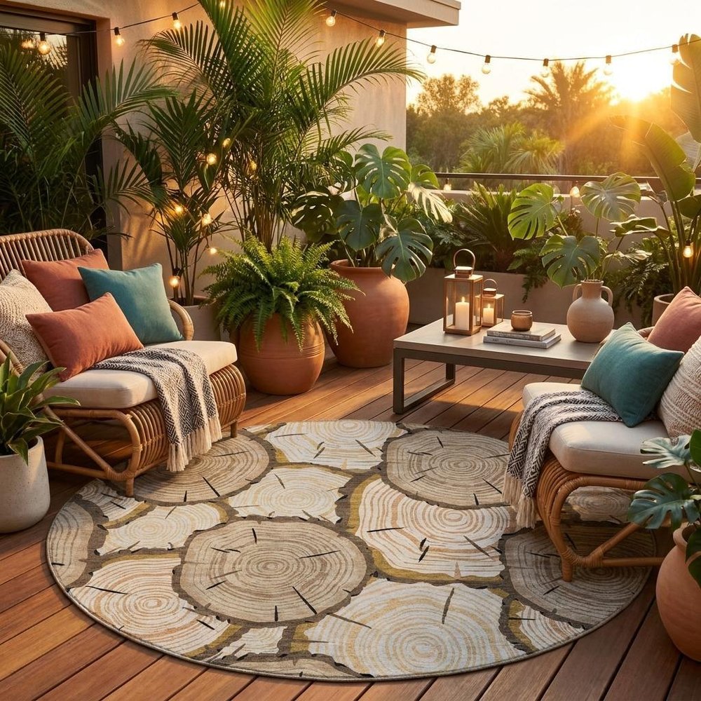 8' Khaki And Brown Round Faux Bois Washable Indoor Outdoor Area Rug — view 5