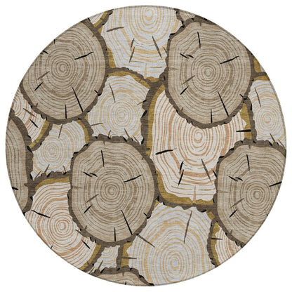 8' Khaki And Brown Round Faux Bois Washable Indoor Outdoor Area Rug HomeRoots