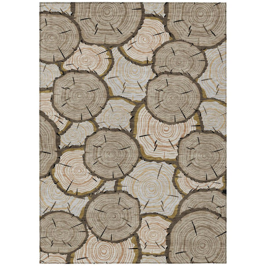 9' X 12' Khaki And Brown Faux Bois Washable Indoor Outdoor Area Rug
