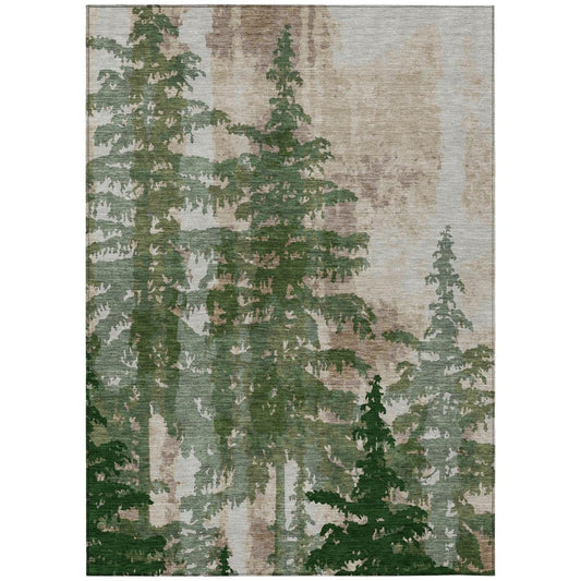 10' X 14' Green And Beige Floral Washable Indoor Outdoor Area Rug