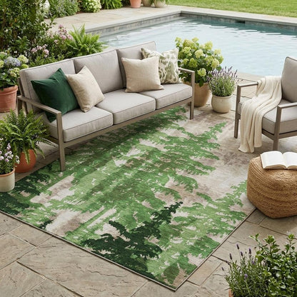 5' X 8' Green And Emerald Floral Washable Indoor Outdoor Area Rug