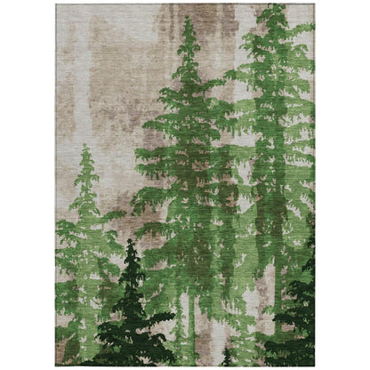 5' X 8' Green And Emerald Floral Washable Indoor Outdoor Area Rug