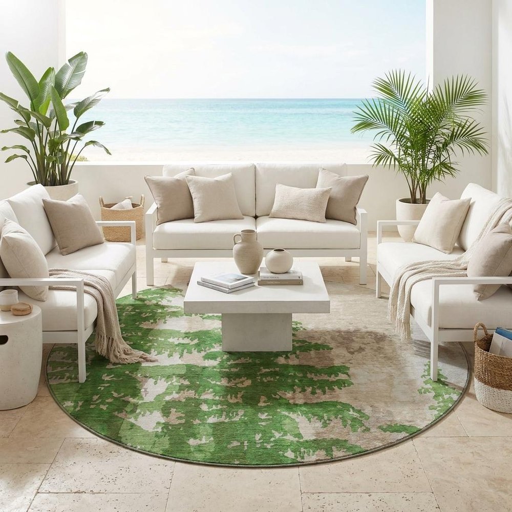 8' Green And Emerald Round Floral Washable Indoor Outdoor Area Rug — view 5