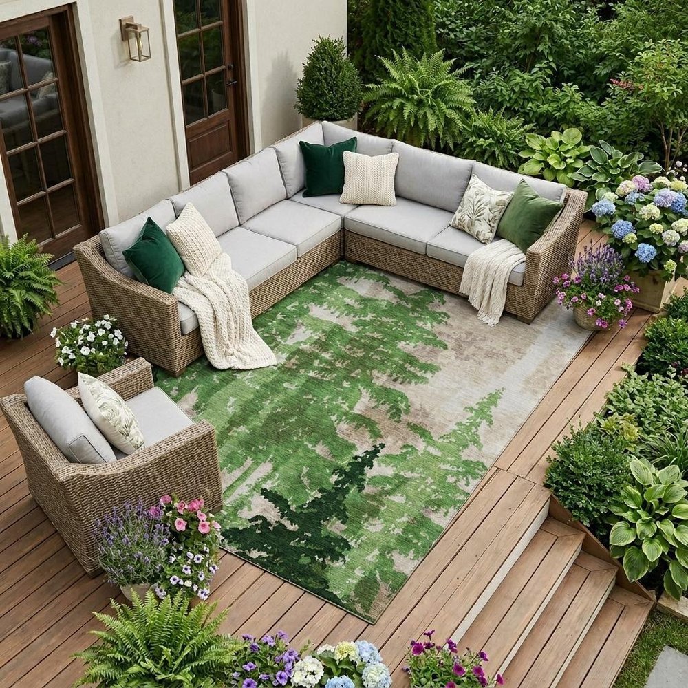 9' X 12' Green And Emerald Floral Washable Indoor Outdoor Area Rug — view 6
