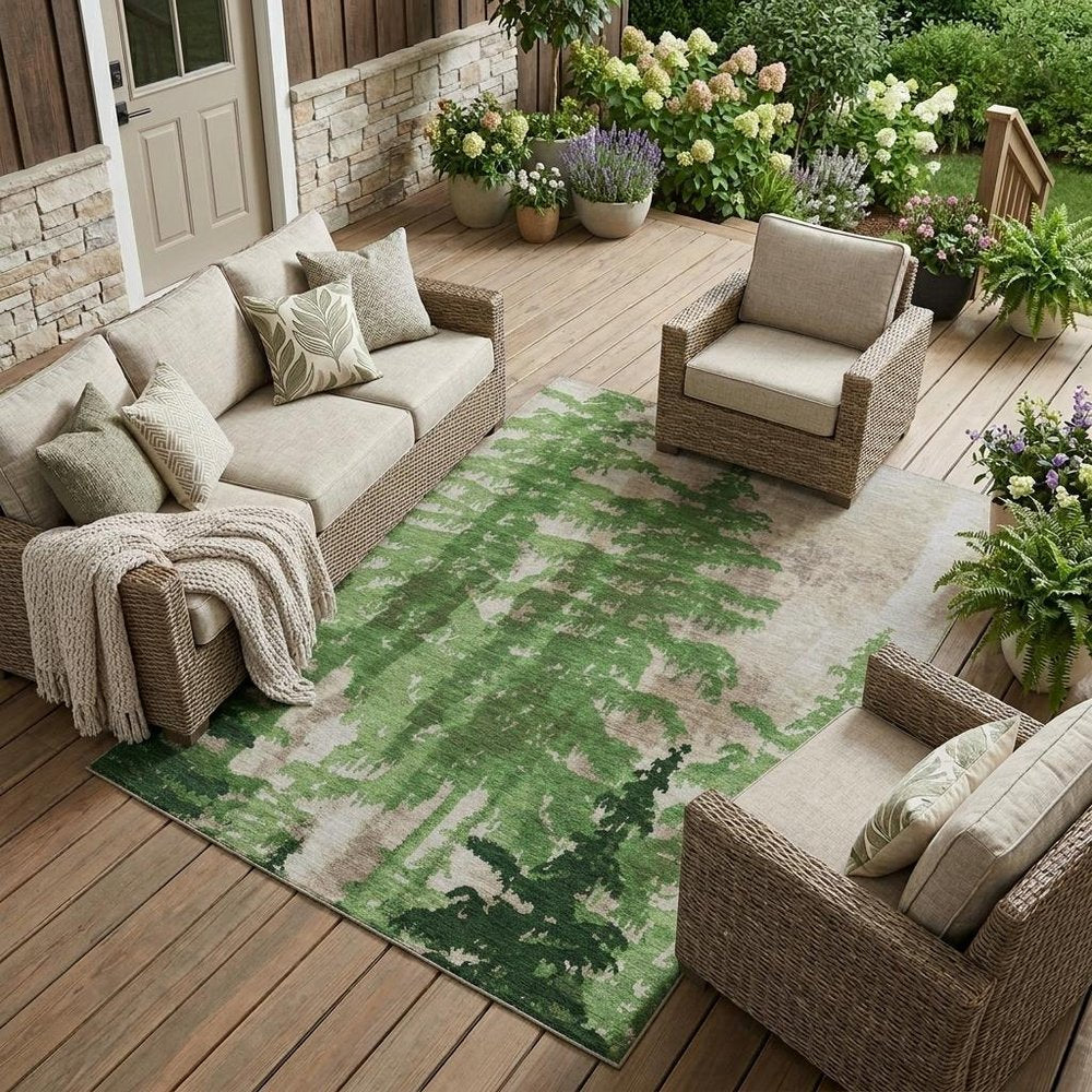 10' X 14' Green And Emerald Floral Washable Indoor Outdoor Area Rug — view 5