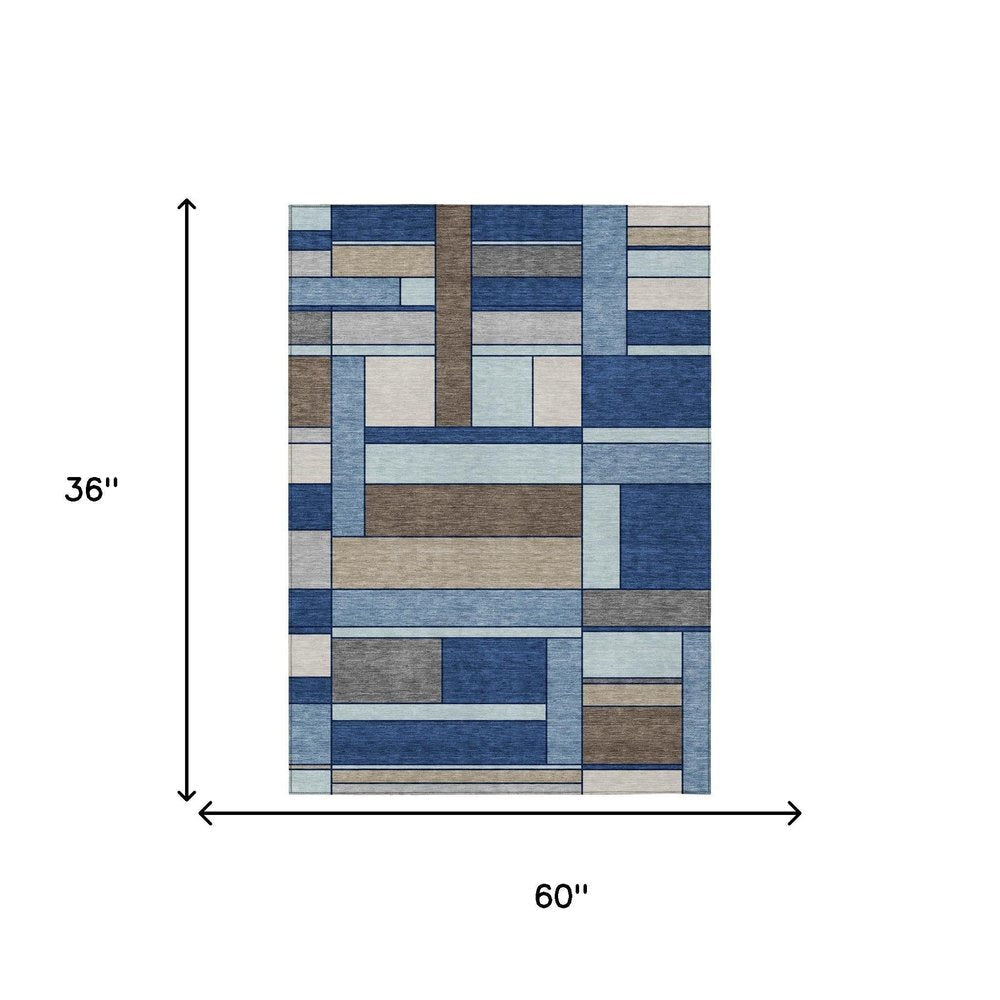 3' X 5' Blue And Chocolate Geometric Washable Indoor Outdoor Area Rug — view 4