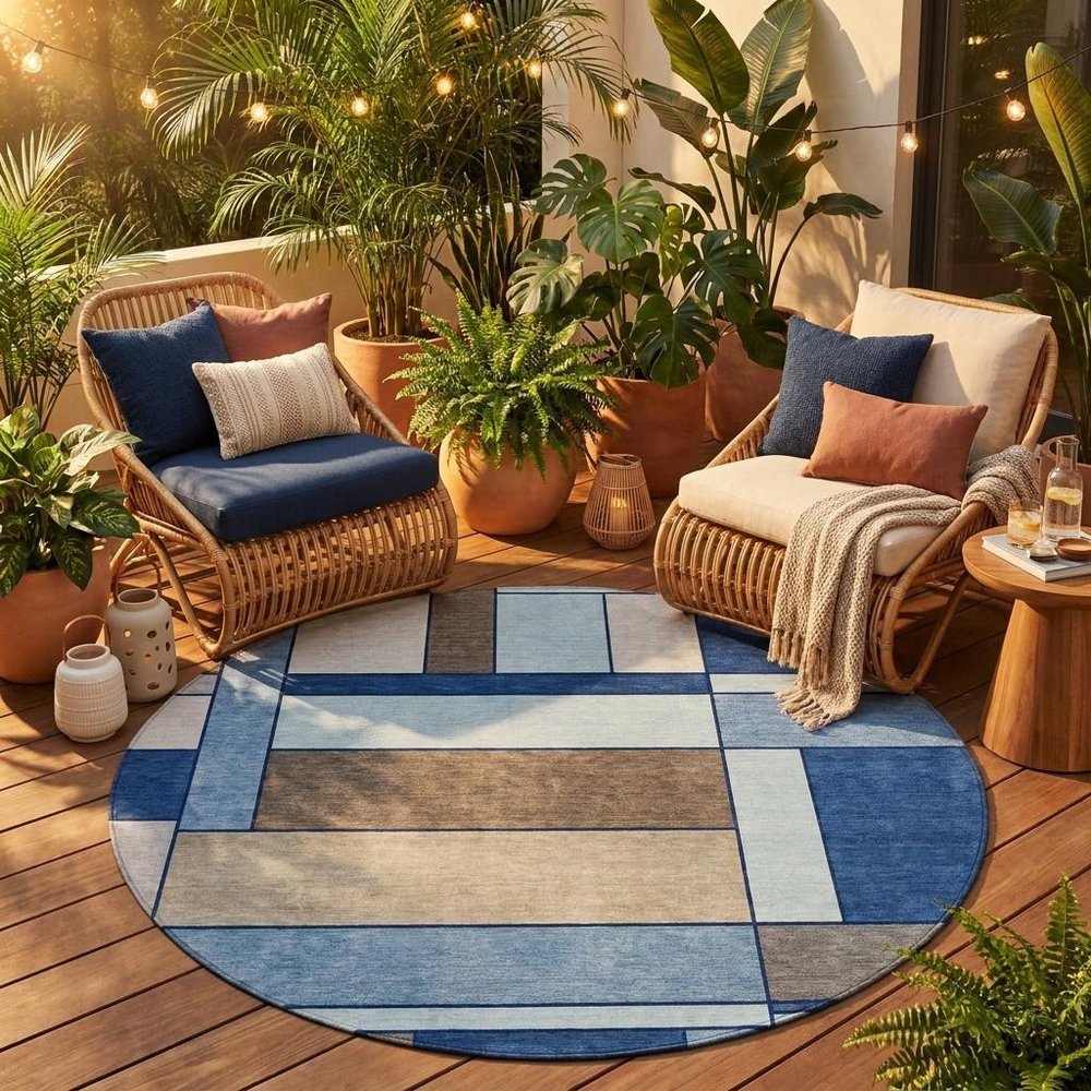 8' Blue And Chocolate Round Geometric Washable Indoor Outdoor Area Rug HomeRoots