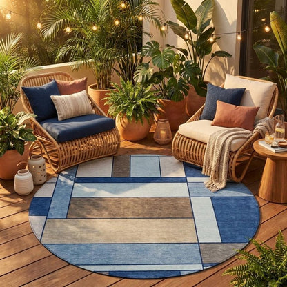 8' Blue And Chocolate Round Geometric Washable Indoor Outdoor Area Rug HomeRoots