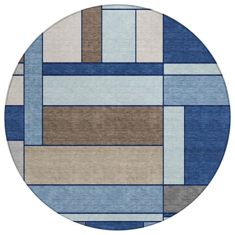 8' Blue And Chocolate Round Geometric Washable Indoor Outdoor Area Rug HomeRoots
