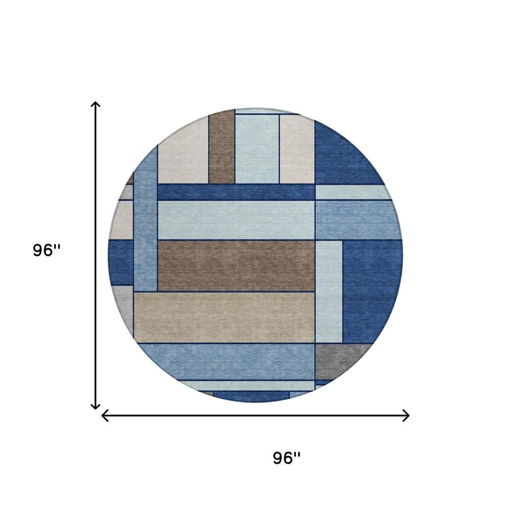 8' Blue And Chocolate Round Geometric Washable Indoor Outdoor Area Rug HomeRoots