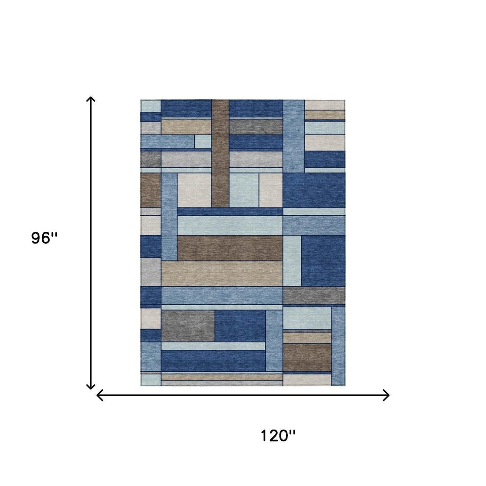 8' X 10' Blue And Chocolate Geometric Washable Indoor Outdoor Area Rug — view 4