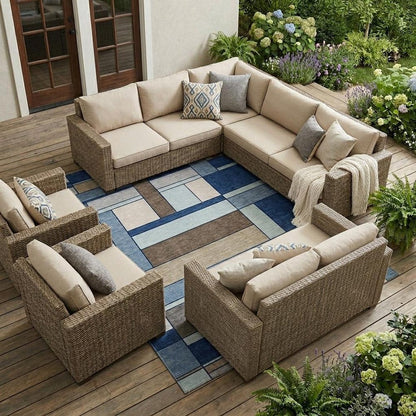 9' X 12' Blue And Chocolate Geometric Washable Indoor Outdoor Area Rug HomeRoots