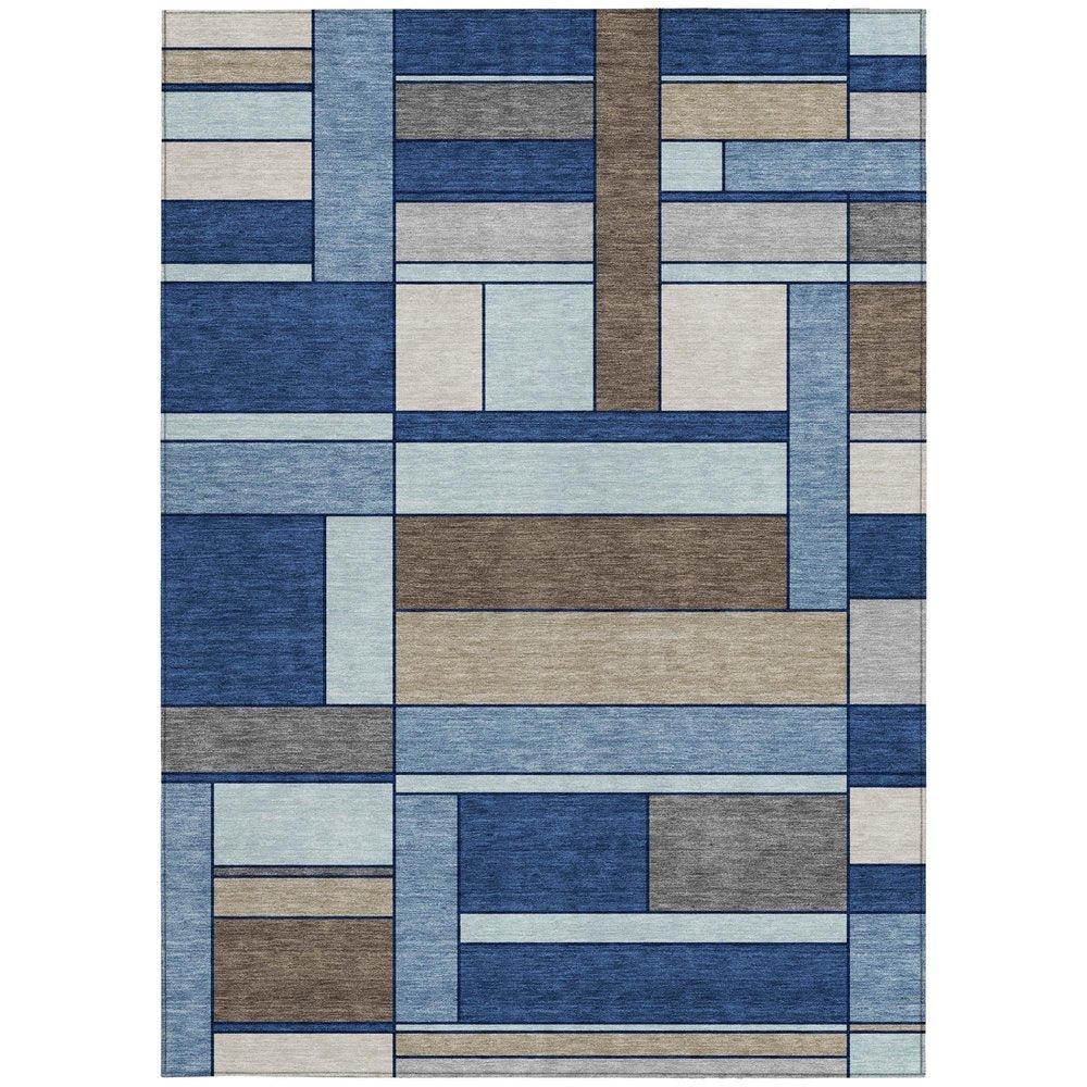 9' X 12' Blue And Chocolate Geometric Washable Indoor Outdoor Area Rug