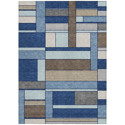9' X 12' Blue And Chocolate Geometric Washable Indoor Outdoor Area Rug