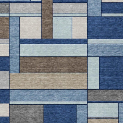 9' X 12' Blue And Chocolate Geometric Washable Indoor Outdoor Area Rug