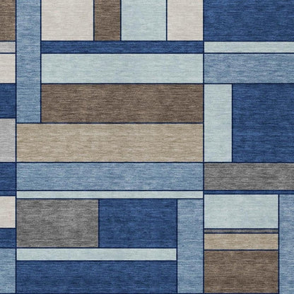 9' X 12' Blue And Chocolate Geometric Washable Indoor Outdoor Area Rug