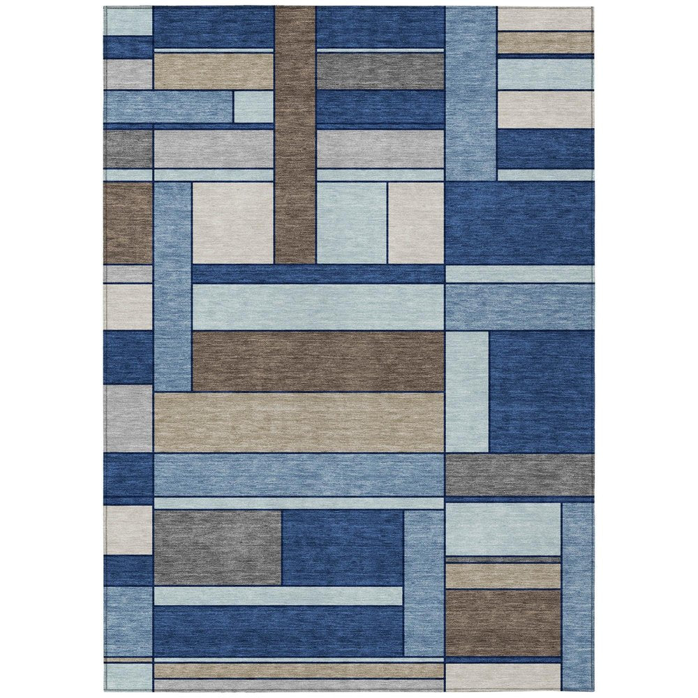 9' X 12' Blue And Chocolate Geometric Washable Indoor Outdoor Area Rug — view 1