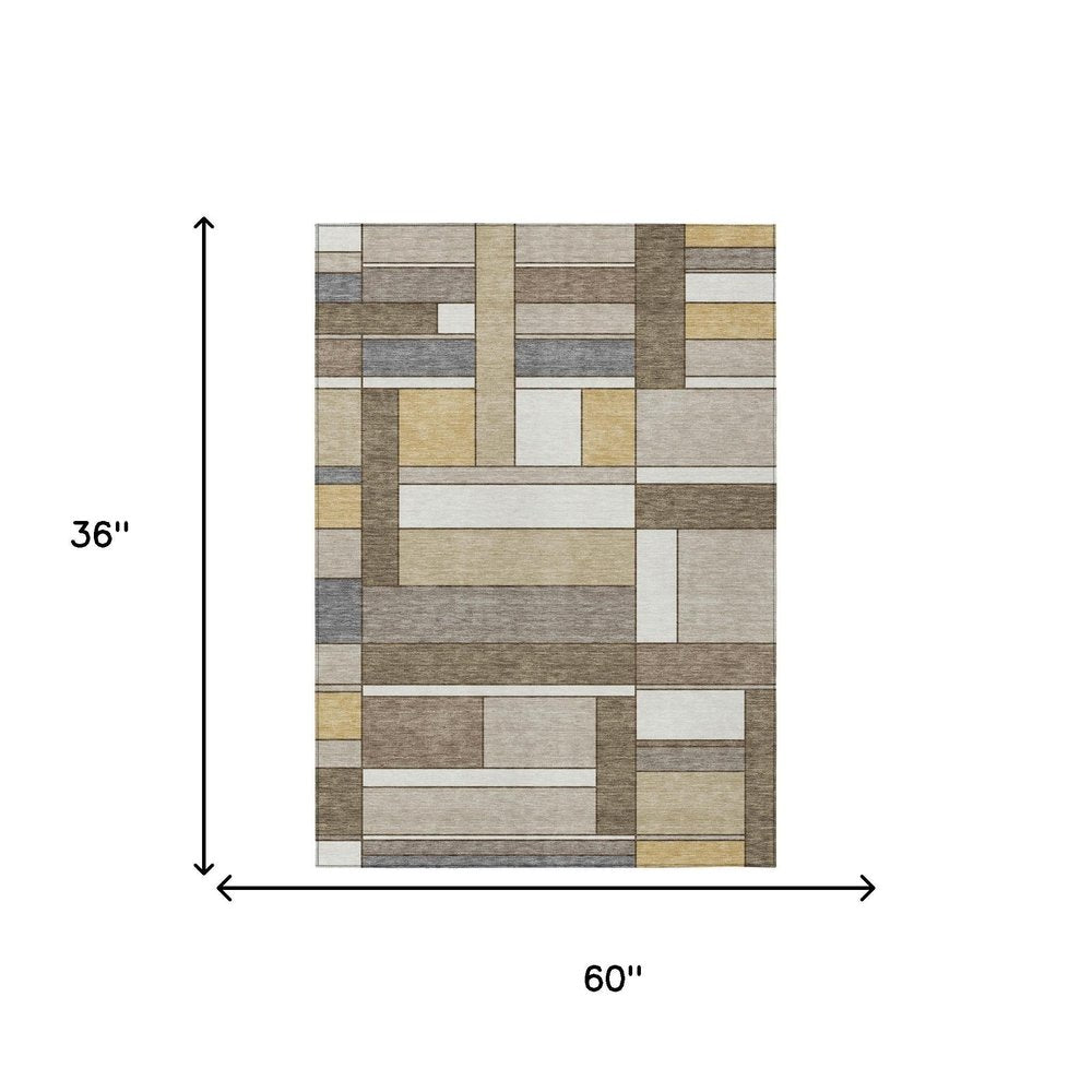 3' X 5' Beige And Brown Geometric Washable Indoor Outdoor Area Rug — view 4