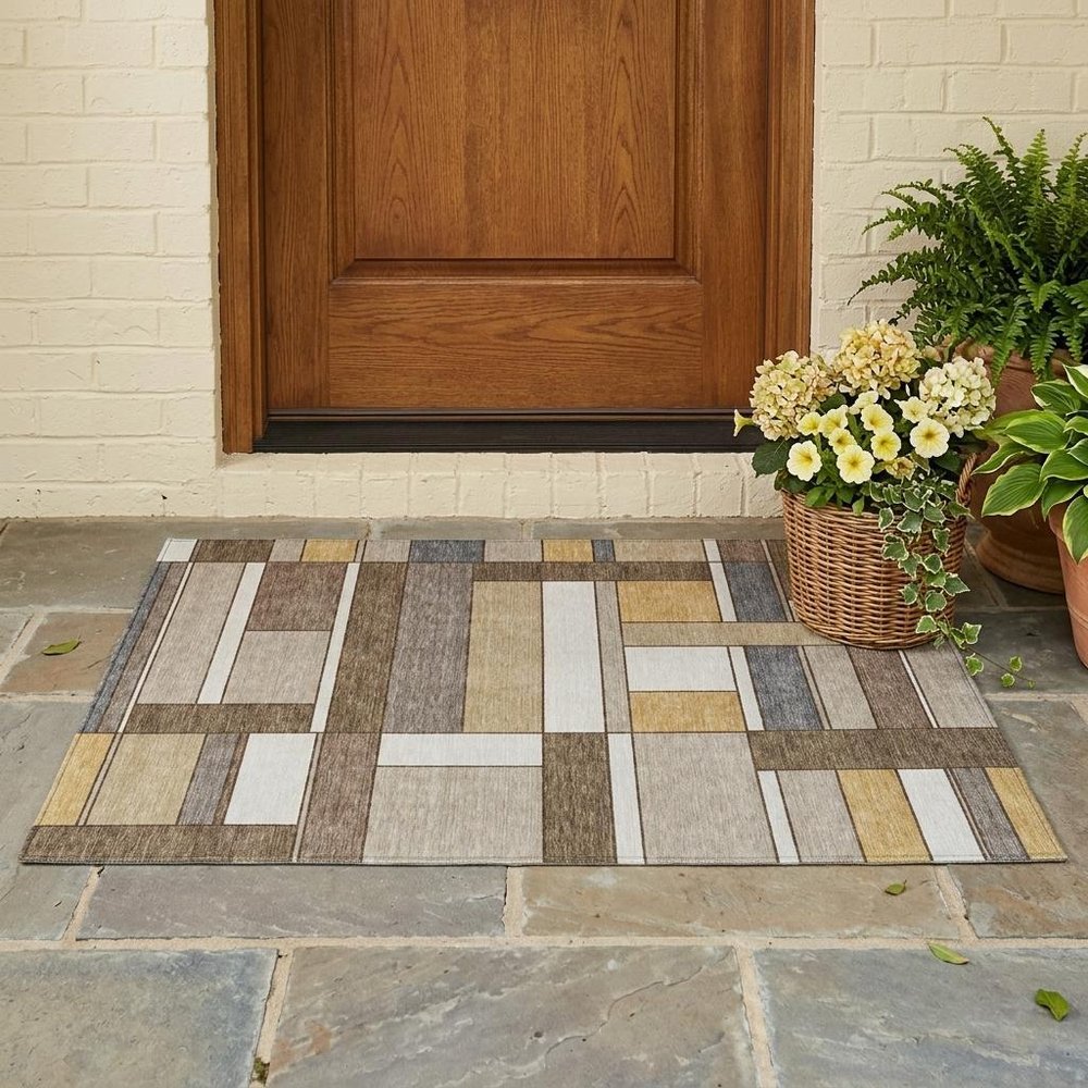 3' X 5' Beige And Brown Geometric Washable Indoor Outdoor Area Rug HomeRoots