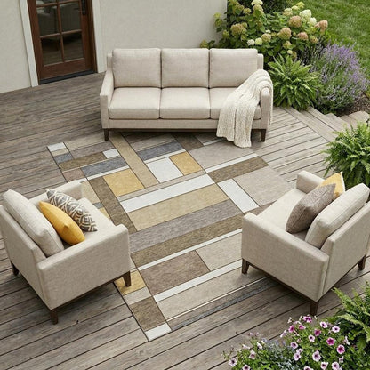 10' X 14' Beige And Brown Geometric Washable Indoor Outdoor Area Rug